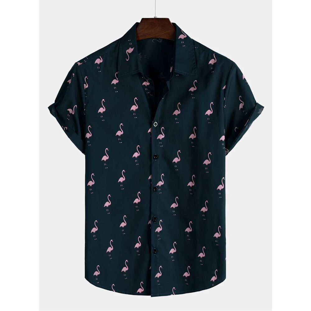 NWOT Men's Tropical Flamingo Animal Button Up Casual Hawaiian Holiday Short Slee